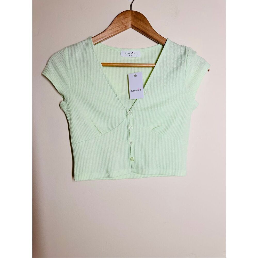 🌸 Anthropologie Elodie Light Green Short Sleeve Button Front Top Size XS